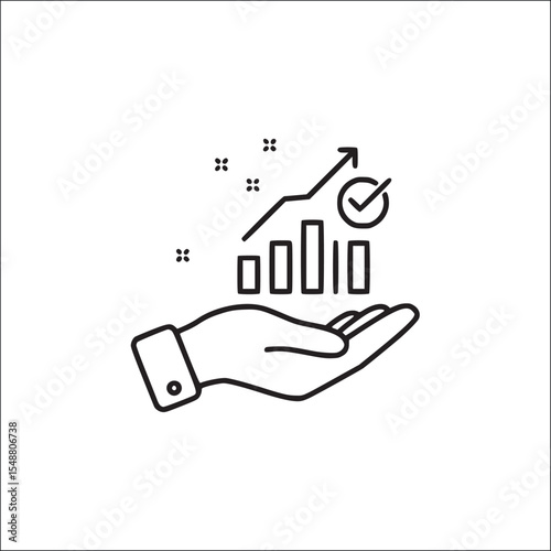 Hand holding bar graph with arrow – outline icon on transparent background representing financial growth, investment support, economy care, and business metrics support.
