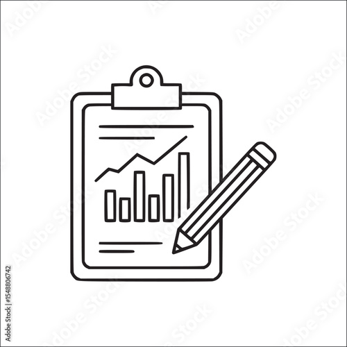 Clipboard with chart and pencil icon – outline finance document concept on transparent background for reporting, audit, performance metrics, and office management visuals.

