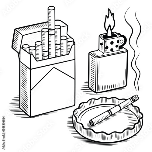 Smoking Essentials with Cigarette Pack, Lighter, and Ashtray – Hand-Drawn Illustration