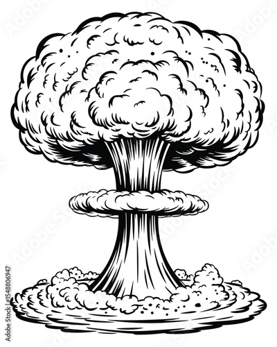 Black and White Mushroom Cloud Illustration of Atomic Explosion