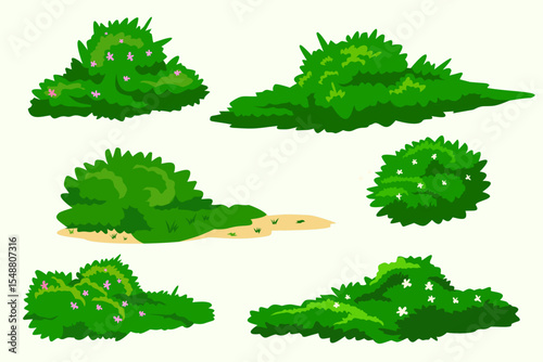 Set of green grass with flowers in anime style