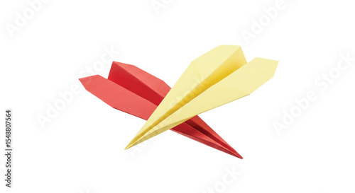 Red and yellow paper planes with transparent background – minimal 3D style origami aircraft concept for travel, creativity, education, childhood, and digital illustrations.