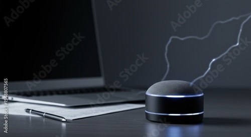 Modern Wireless Speaker on Desk with Laptop and Pen Technology and Productivity Concept