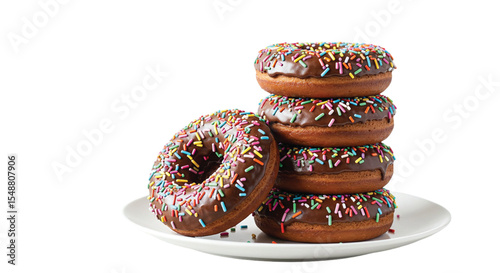Chocolate donuts with sprinkles on plate – transparent background dessert illustration of stacked bakery items, perfect for food-related visuals, cafe branding, or menu designs.