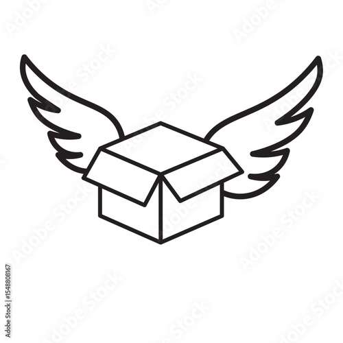Open cardboard box with wings symbolizing fast delivery, shipping, or flying package in minimalist black outline style.