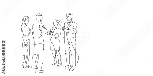 group of people talking and meet up business community one line drawing continuous. thin line illustration contour of networking and meeting group hand drawn copy space
