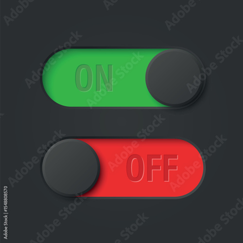 Vector Black Toggle Switch Set. Realistic Toggle Switch. On Off Button, Modern Toggle Switch for User Interface, App, Web, Settings, Technology. UI Element, Control Panel