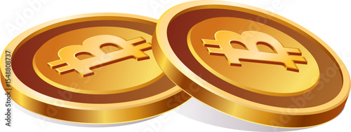 Two flat gold bitcoin coins side by side on white background with simple cryptocurrency symbol