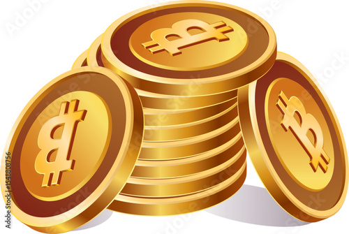 Tall stack of golden bitcoin coins with two coins leaning at the sides on white background showing cryptocurrency concept