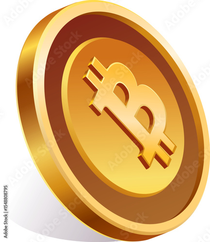 Single gold bitcoin coin standing upright with shadow on white background for digital currency finance