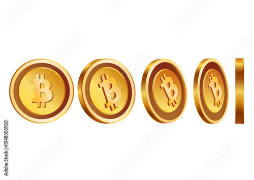 Sequence showing single golden bitcoin coin from five different rotation angles on white background