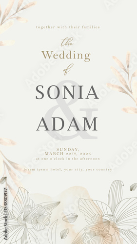Wedding Invitation With Gold Outlines Flower Sketch On Splash Background