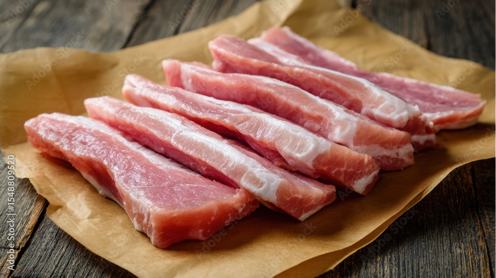 Fresh pork ribs arranged neatly on brown parchment paper, ready for cooking or grilling, perfect for delicious meals. Fresh pork ribs arranged neatly on brown parchment paper, ready for cooking or grilling, perfect for delicious meals.