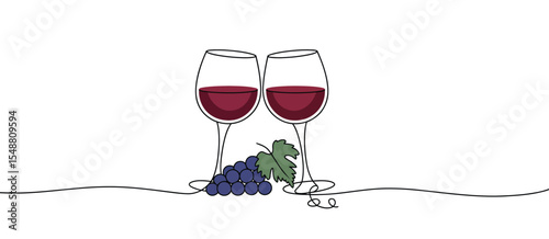 Wine Glasses and Grapes in One Line Drawing