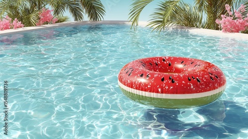 Watermelon pool float in sparkling blue swimming pool surrounded by tropical pink flowers
