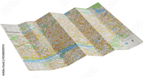 Folded paper world map illustration in 3D perspective isolated on white background, representing travel navigation, trip planning, exploration, and tourism design for apps, banners, or ads

