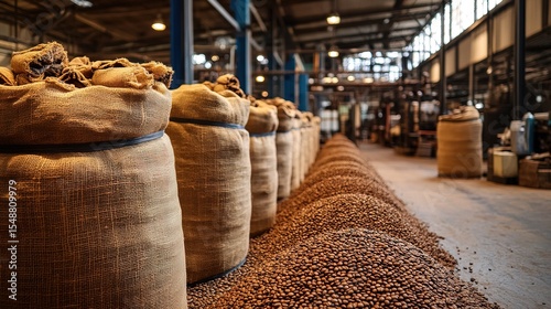 A sprawling coffee bean processing plant, sacks of coffee being roasted and packed