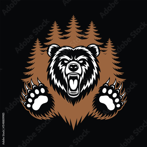 Roaring Bear with Claws and Pine Trees – Powerful Wildlife Vector Design on Black Background.
