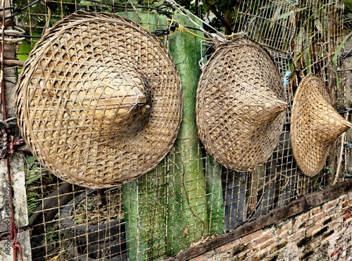 Traditional Asian conical hats hanging on a rustic fence