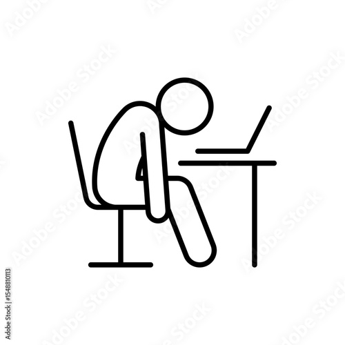 Burnout Icon Vector, Exhausted Person Slouched at Desk with Laptop, Outline Symbol for Remote Work Fatigue, Mental Exhaustion, and Overwork Stress