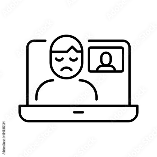 Zoom Fatigue Icon Vector, Stressed Person in Video Call on Laptop, Outline Symbol for Digital Burnout, Remote Work Exhaustion, and Online Meeting Overload