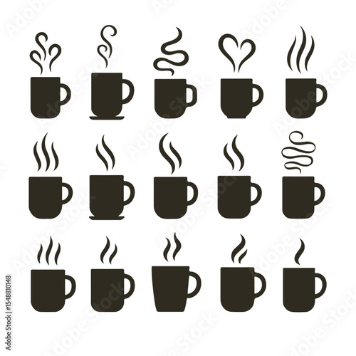 Fifteen Coffee Mug Icons Black Silhouettes Steam Variations vector
