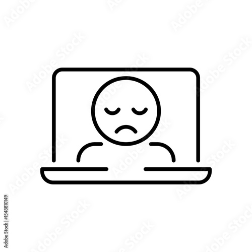 Sad Face on Laptop Icon Vector, Outline Symbol of Zoom Fatigue, Remote Work Burnout, Screen Exhaustion, and Video Call Stress, Digital Fatigue Icon Design