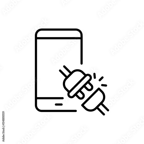 Smartphone Broken Plug Icon Vector, Power Disconnect Symbol for Digital Detox, Tech Break, Screen Off Mode, App Timeout, Mobile Disconnect Icon