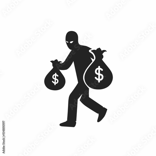 Robber icon, silhouette of a robber or thief running and carrying a bag of money 