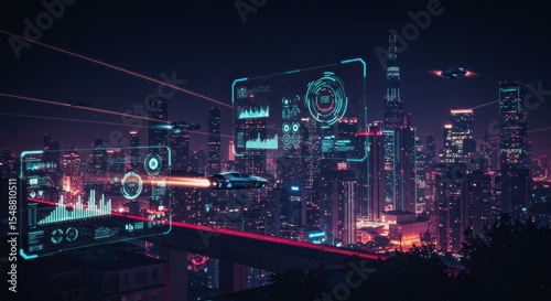 Futuristic Cityscape at Night with Flying Cars and Holographic Displays