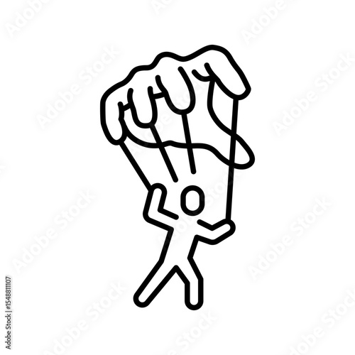 Micromanagement Icon Vector, Puppet Control Hand Holding Small Person Symbol, Outline for Burnout, Workplace Domination, and Loss of Autonomy at Work