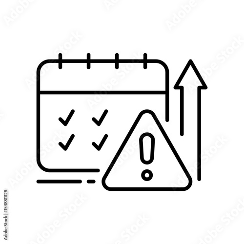 Burnout Tracker Icon Vector, Calendar with Rising Workload and Warning Symbol, Outline Design for Task Overload, Deadline Stress, and Productivity Pressure