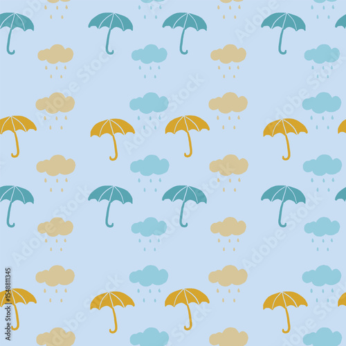 Colorful seamless pattern featuring umbrellas and raindrops from rain clouds over a light background. Ideal for designs themed around rainy weather and playful outdoors