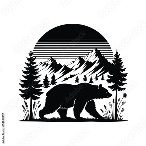 Bear Silhouette with Mountain and Pine Trees Landscape Vector Illustration – Wildlife Nature Scene.