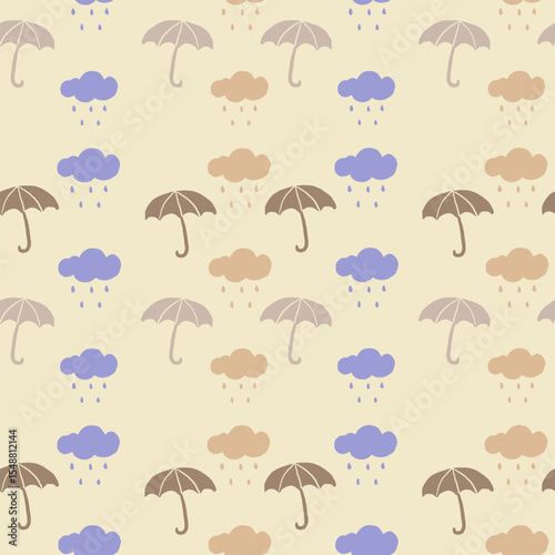 Colorful seamless pattern featuring umbrellas and raindrops from rain clouds over a light background. Ideal for designs themed around rainy weather and playful outdoors