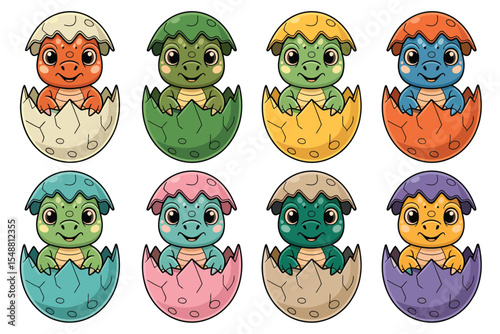 Cute Baby Dinosaurs Hatching From Eggs in Various Colors