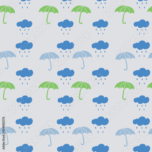 Colorful seamless pattern featuring umbrellas and raindrops from rain clouds over a light background. Ideal for designs themed around rainy weather and playful outdoors