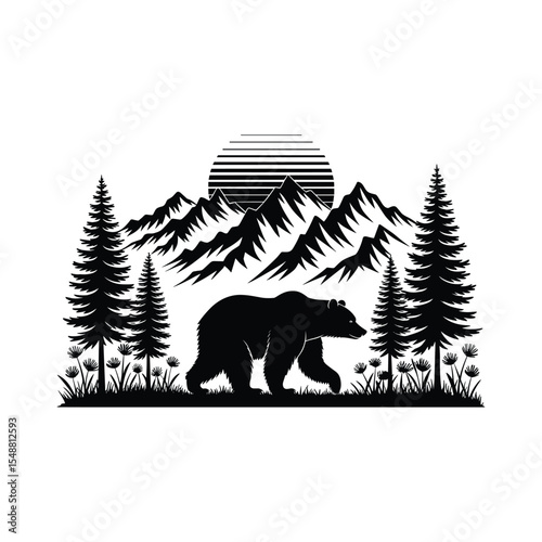 Bear Silhouette in Mountain Landscape with Pine Trees and Sun – Wildlife Nature Vector Illustration.