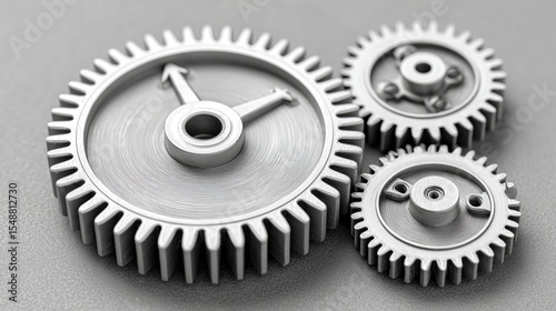 Interlocking steel gears in motion on textured gray surface