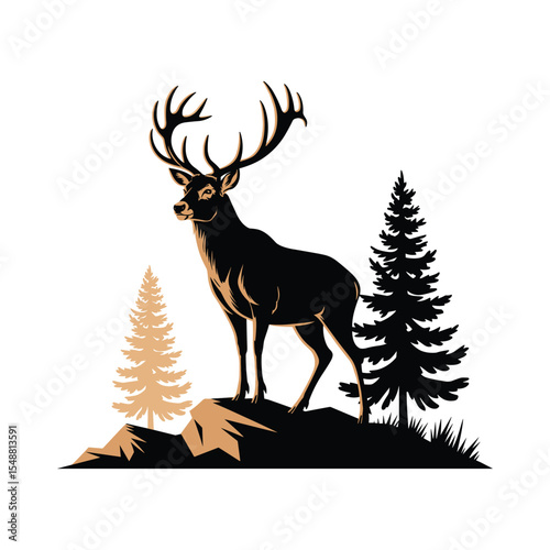 Deer on Rocky Hill with Pine Trees Silhouette – Wildlife Nature Vector Illustration.