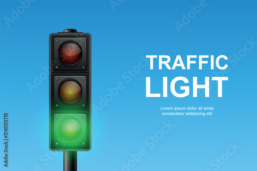 Vector Traffic Light with Green Signal on Blue Sky Background. Realistic Road Stoplight for Transportation, Safety, Driving, Crosswalk, Urban Street and Traffic Control Concept Design