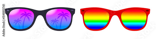 A set of two stylized sunglasses with colorful lenses looking attractive isolated on white background