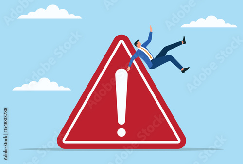 Vector illustration of a businessman falling from a warning icon, symbolizing business risks, financial danger, warning signs, and challenges in the corporate world
