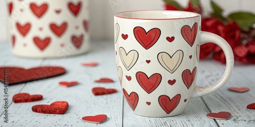 Heart-Patterned Mug with Valentine's Decor, Valentines Day, Romantic Mug