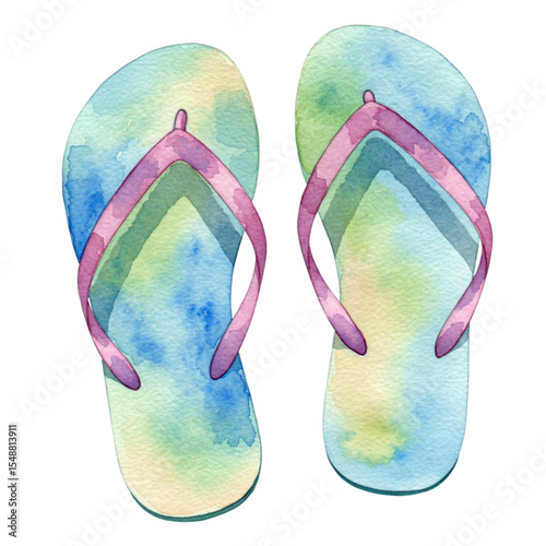 Watercolor blue and green flip flops with pink straps isolated on white background