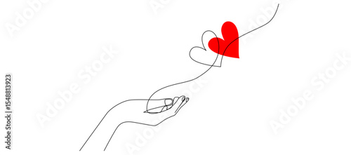 One continuous line drawing of hands holding heart. Concept of love relationship and volunteer organisation symbol.Vector illustration eps 10
