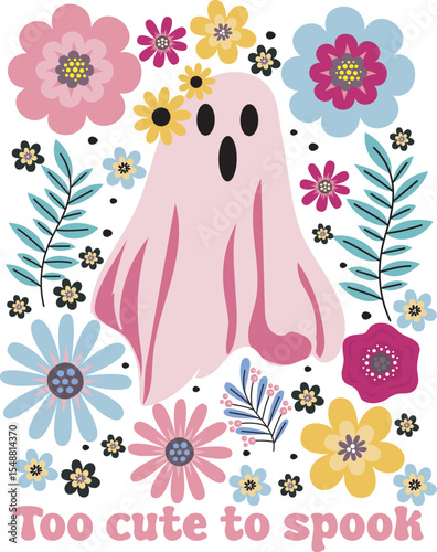 Too cute to spook Floral Cute Ghost Pink Halloween Spooky T shirt Design