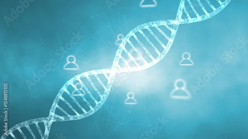 Dna double helix chain on blue foggy light motion with digital icon person symbols rotation background.