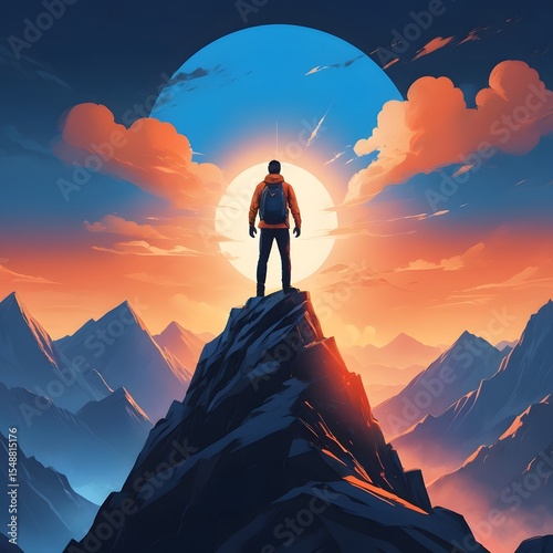 Adventurous man standing on mountain peak watching sunrise, epic outdoor landscape, inspiring travel adventure, motivational sunrise hiking scene
