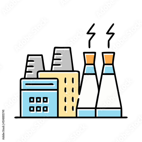 Industrial factory building and power plant with smoking chimneys, illustrating air pollution and environmental impact in a simplified vector icon design